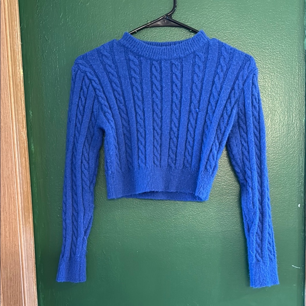 SHEIN Blue Crew Neck Cable Knit Sweater